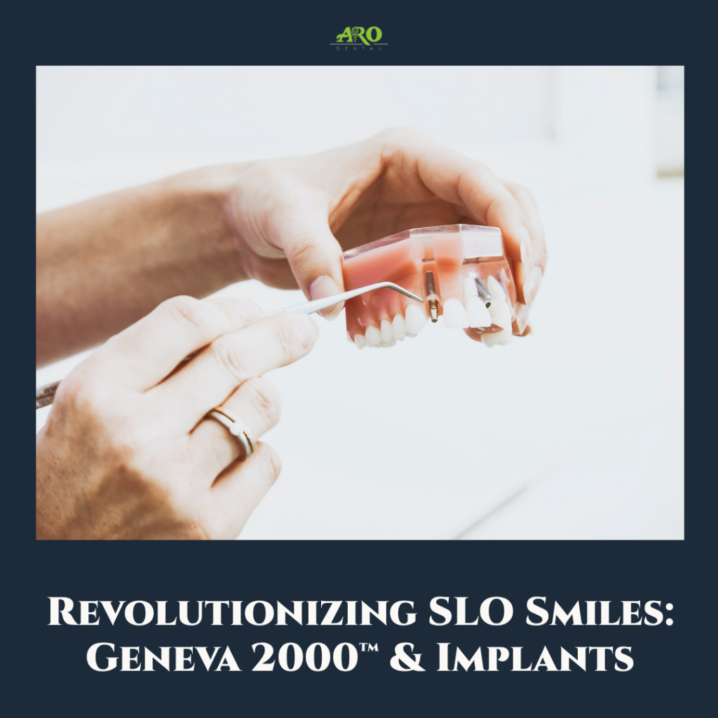 A close-up view of a custom Geneva 2000 denture prosthetic paired with a dental implant model at Aro Dental in San Luis Obispo, CA.
